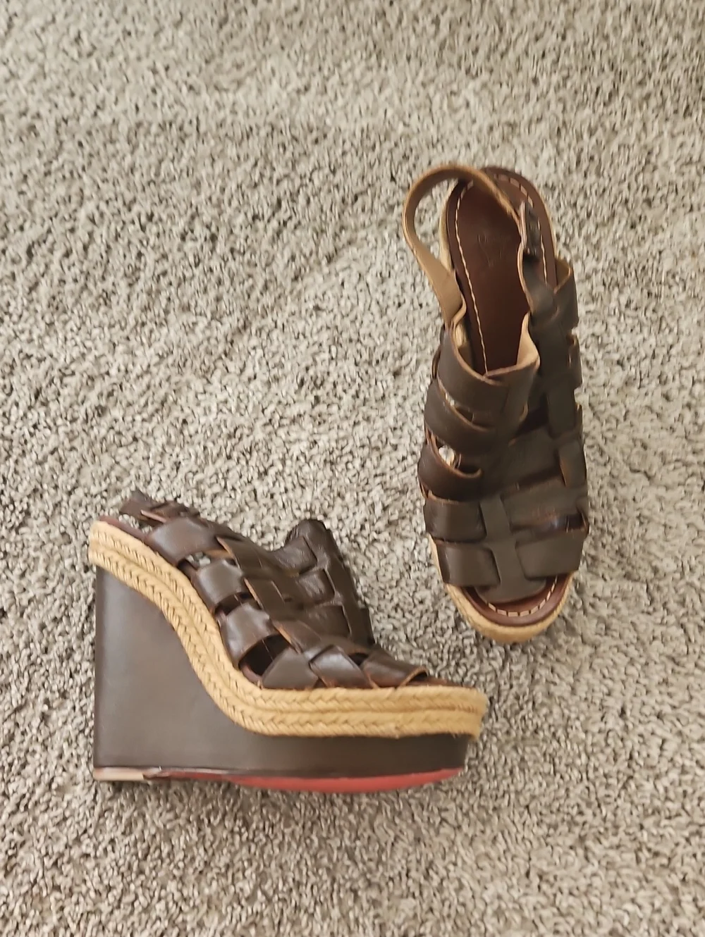Christian Louboutin Brown Woven Leather Wedge Sandals 37